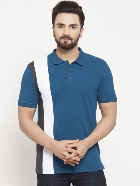 

Kalt Men Teal Blue & White Colourblocked Polo Collar T-shirt