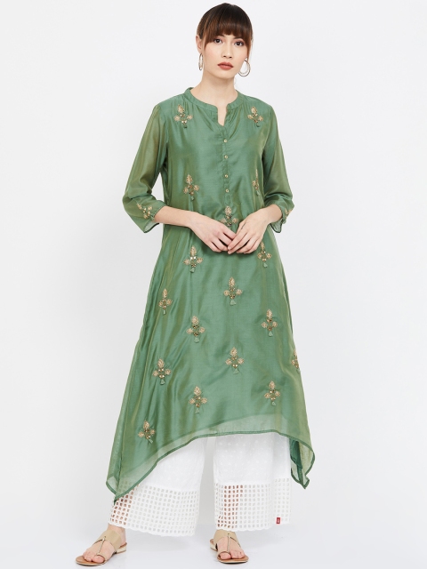 

Melange by Lifestyle Women Green & Gold-Toned Embroidered A-Line Kurta