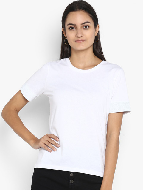 

Mode by Red Tape Women White Solid Round Neck T-shirt