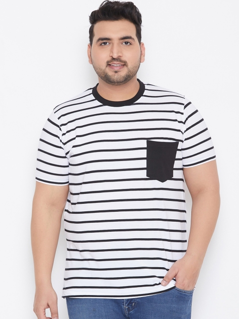 

bigbanana Plus Size Men White Black Striped Round Neck Bio Finish T-shirt