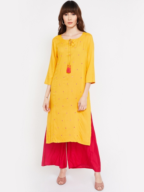 

Melange by Lifestyle Women Mustard Yellow & Pink Embroidered Straight Kurta