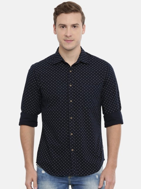 

IMYOUNG Men Navy Blue & Beige Slim Fit Printed Casual Shirt