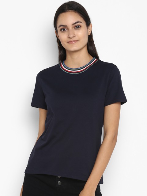 

Mode by Red Tape Women Navy Blue Solid Round Neck T-shirt