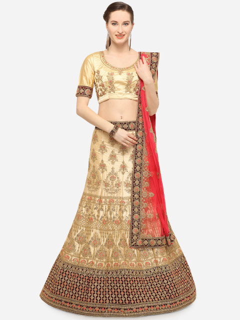

V SALES Beige Silk Embroidered Semi-Stitched Lehenga & Unstitched Blouse with Dupatta