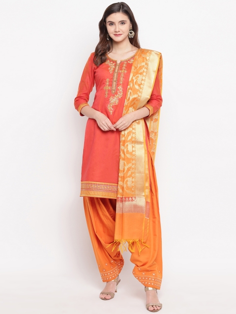 

Kvsfab Orange & Mustard Yellow Solid Unstitched With Embroidered Detail