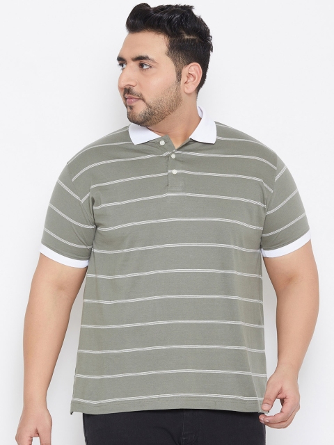 

bigbanana Plus Size Men Olive Green White Striped Bio Finish Polo Collar T-shirt