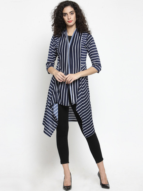 

Clora Creation Women Navy Blue & White Striped Longline Open Front Shrug