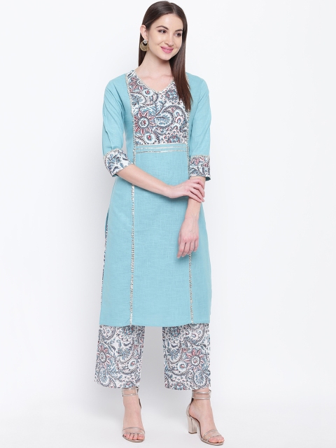 

Khushal K Women Turquoise Blue Printed Handloom Kurta with Trousers