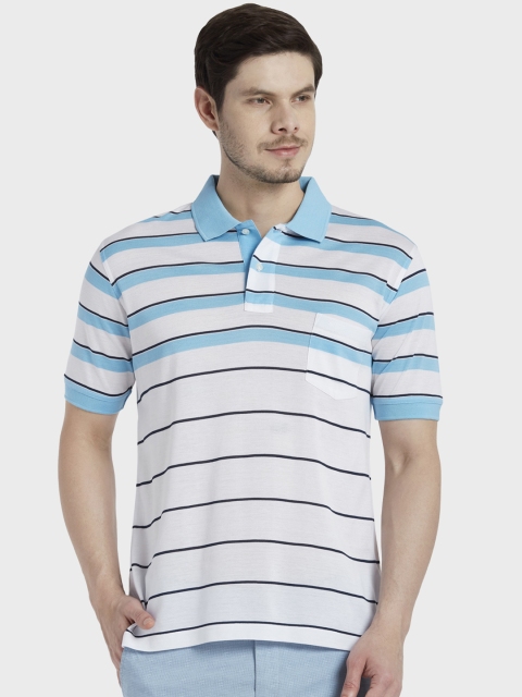 

ColorPlus Men White & Blue Striped Polo Collar T-shirt