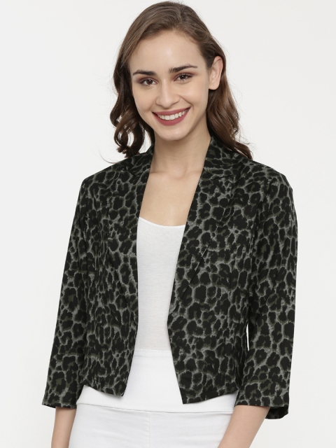 

IDK Women Black & Olive Green Printed Crop Front Open Blazer