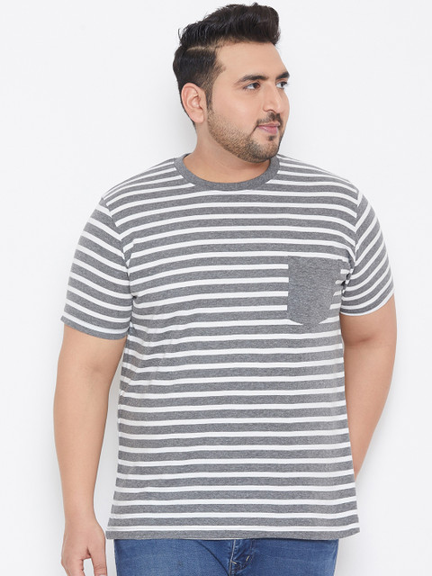 

bigbanana Plus Size Men Grey White Striped Round Neck Bio Finish Pure Cotton T-shirt