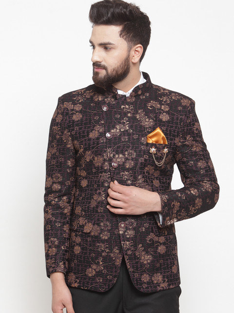 

LUXURAZI Men Black & Burgundy Printed Slim-Fit Bandhgala Party Blazer