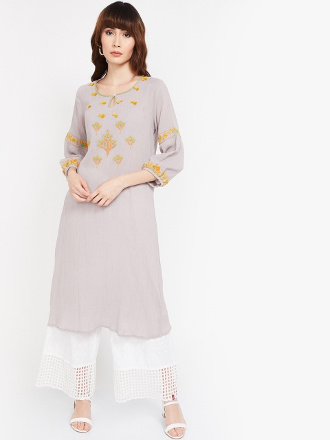 

Melange by Lifestyle Women Grey & Yellow Embroidered A-Line Kurta