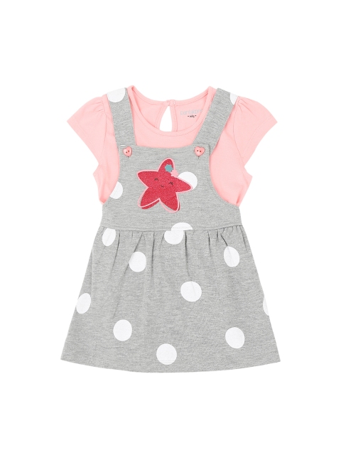 

Pantaloons Baby Girls Grey & White Printed Straight Leg Pinafore Dress With Pink Top