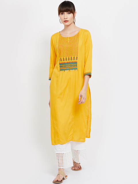 

Melange by Lifestyle Women Mustard Yellow & Blue Embroidered Straight Kurta