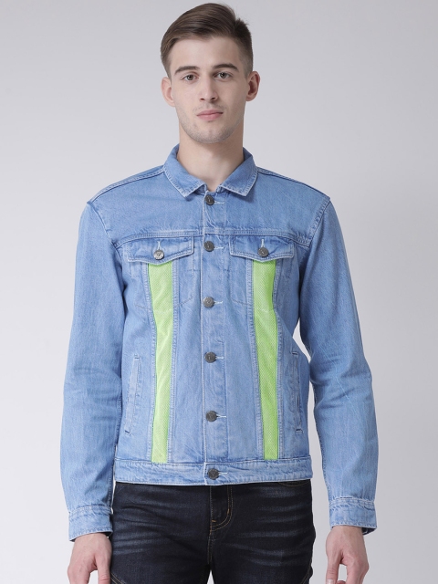

REALM Men Blue & Fluorescent Green Colourblocked Denim Jacket