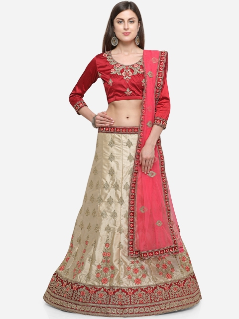 

V SALES Beige & Red Embroidered Semi-Stitched Lehenga & Unstitched Blouse with Dupatta