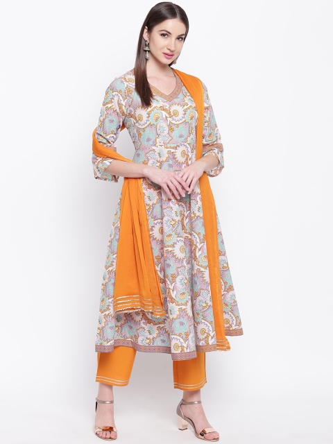 

Khushal K Women Mustard Yellow & Green Printed Kurta with Trousers & Dupatta