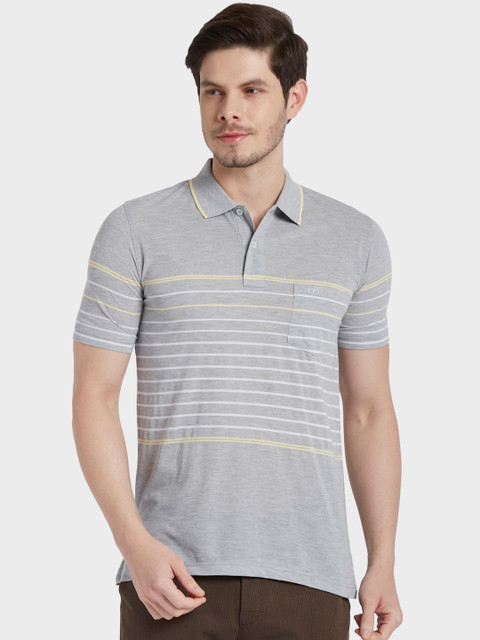 

ColorPlus Men Grey & White Striped Polo Collar T-shirt