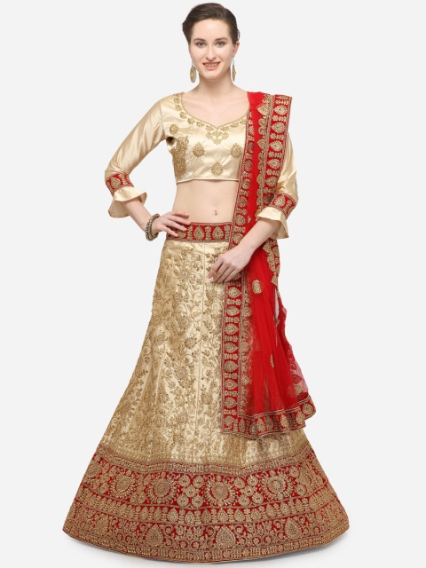 

V SALES Beige & Red Embroidered Semi-Stitched Lehenga & Unstitched Blouse with Dupatta