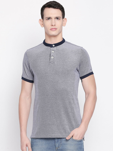 

Basics Men Navy Blue Self Design Slim Fit Mandarin Collar T-shirt