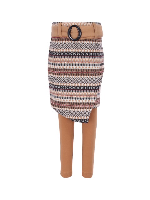 

CUTECUMBER Girls Beige & Black Printed Wrap Knee-Length Skirt with Leggings