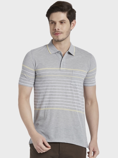 

ColorPlus Men Grey & White Striped Polo Collar T-shirt