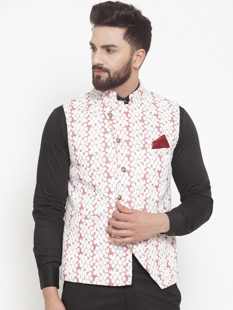 

LUXURAZI Men White & Pink Slim Fit Chikankari Embroidered Nehru Jacket