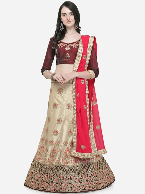 

V SALES Beige & Burgundy Embroidered Semi-Stitched Lehenga & Unstitched Blouse with Dupatta