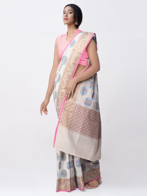 

Unnati Silks Cream-Coloured & Blue Silk Cotton Printed Banarasi Saree
