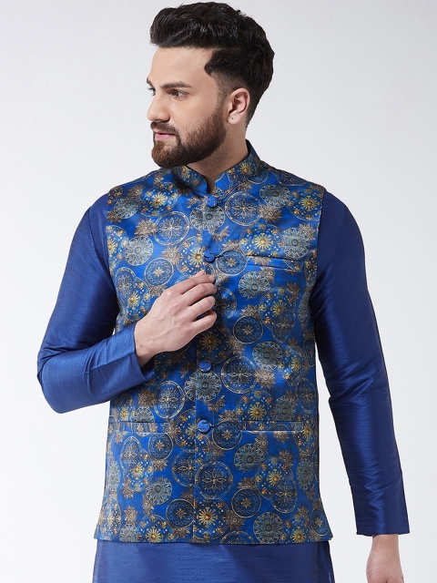 

I Know Men Blue & Brown Printed Satin Nehru Jacket