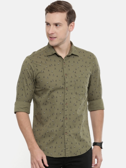 

IMYOUNG Men Olive Green & Black Slim Fit Printed Casual Shirt