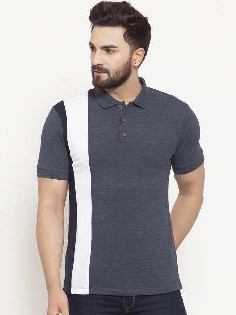 

Kalt Men Navy Blue & White Colourblocked Polo Collar T-shirt