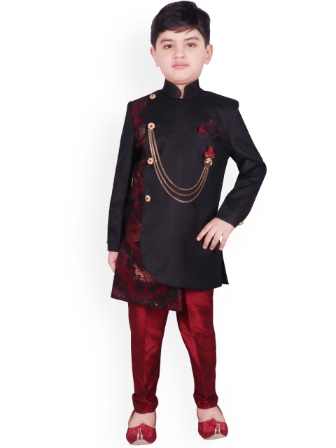 

SG YUVRAJ Boys Maroon & Black Silk Sherwani Set