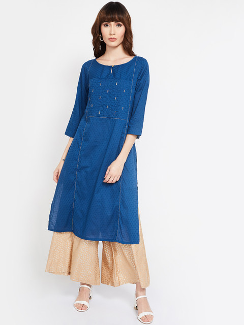 

Melange by Lifestyle Women Blue & Gold-Toned Embroidered Straight Kurta