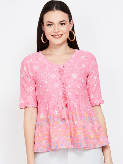 

Colour Me by Melange Women Pink Printed Peplum Pure Cotton Top