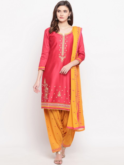

Kvsfab Coral Pink & Mustard Yellow Embroidered Unstitched Dress Material