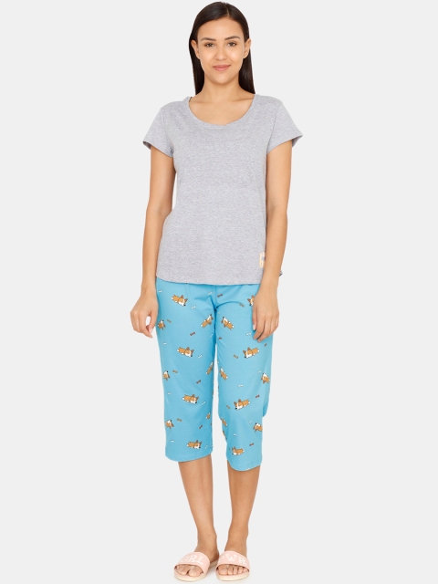 Zivame Women Blue & Grey Solid Night suit