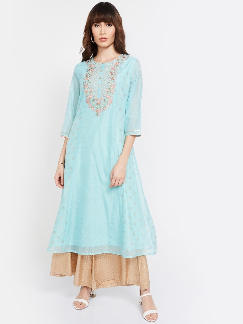 

Melange by Lifestyle Women Turquoise Blue & Pink Yoke Design A-Line Kurta