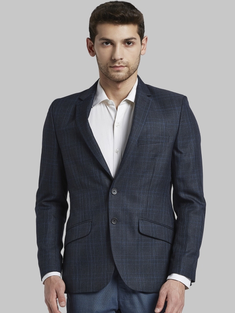 

Parx Men Navy Blue Checked Single-Breasted Formal Blazer