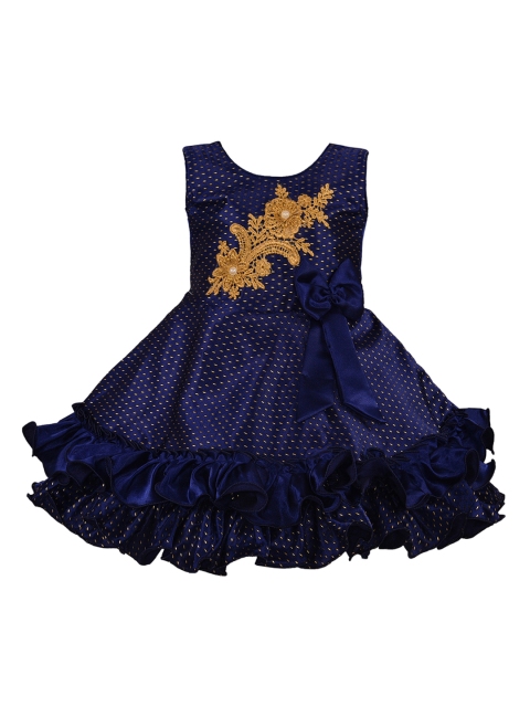 

Wish Karo Girls Navy Blue Printed Silk Fit and Flare Dress