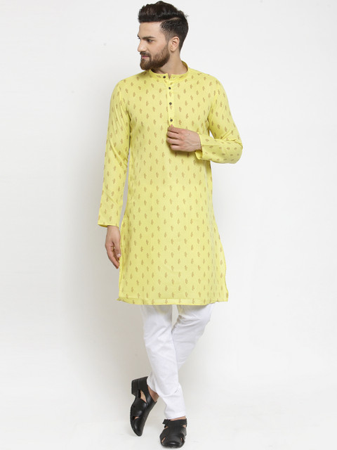 

RG DESIGNERS Men Yellow & White Printed Kurta with Pyjamas