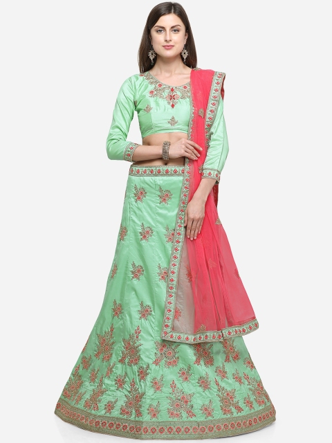V SALES Green & Pink Embellished Semi-Stitched Lehenga & Unstitched Blouse with Dupatta