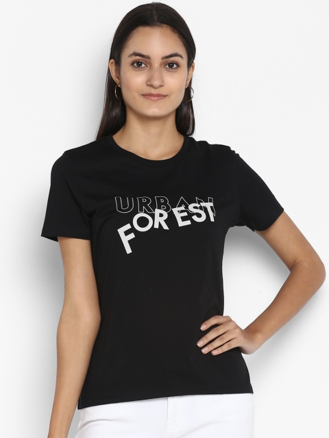 

Mode by Red Tape Women Black Printed Round Neck Pure Cotton T-shirt