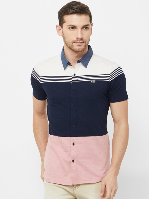 

NEXGEN CLUB Men Navy Blue & Pink Regular Fit Colourblocked Casual Shirt