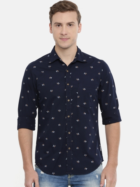 

IMYOUNG Men Navy Blue & White Slim Fit Printed Casual Shirt