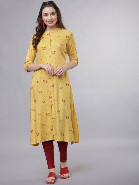 

Vishudh Women Mustard Yellow Quirky Printed Straight Kurta