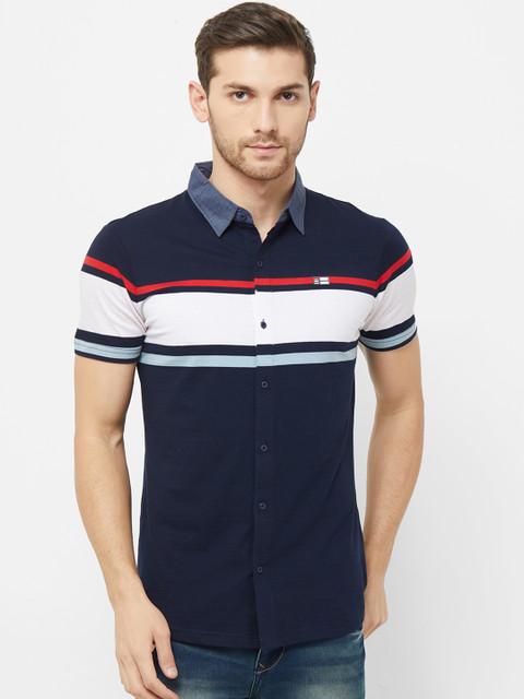 

NEXGEN CLUB Men Navy Blue & White Regular Fit Colourblocked Casual Shirt
