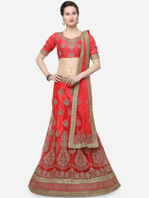 

V SALES Coral Red Semi-Stitched Lehenga & Blouse with Dupatta