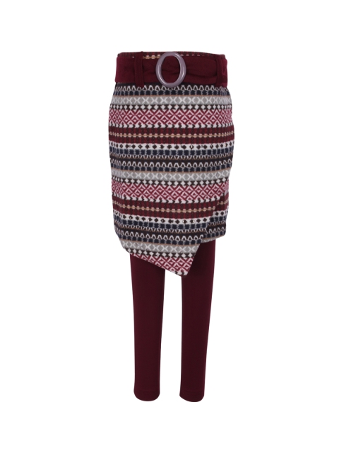 

CUTECUMBER Girls Maroon & Black Printed Wrap Knee-Length Woolen Skirt with Leggings